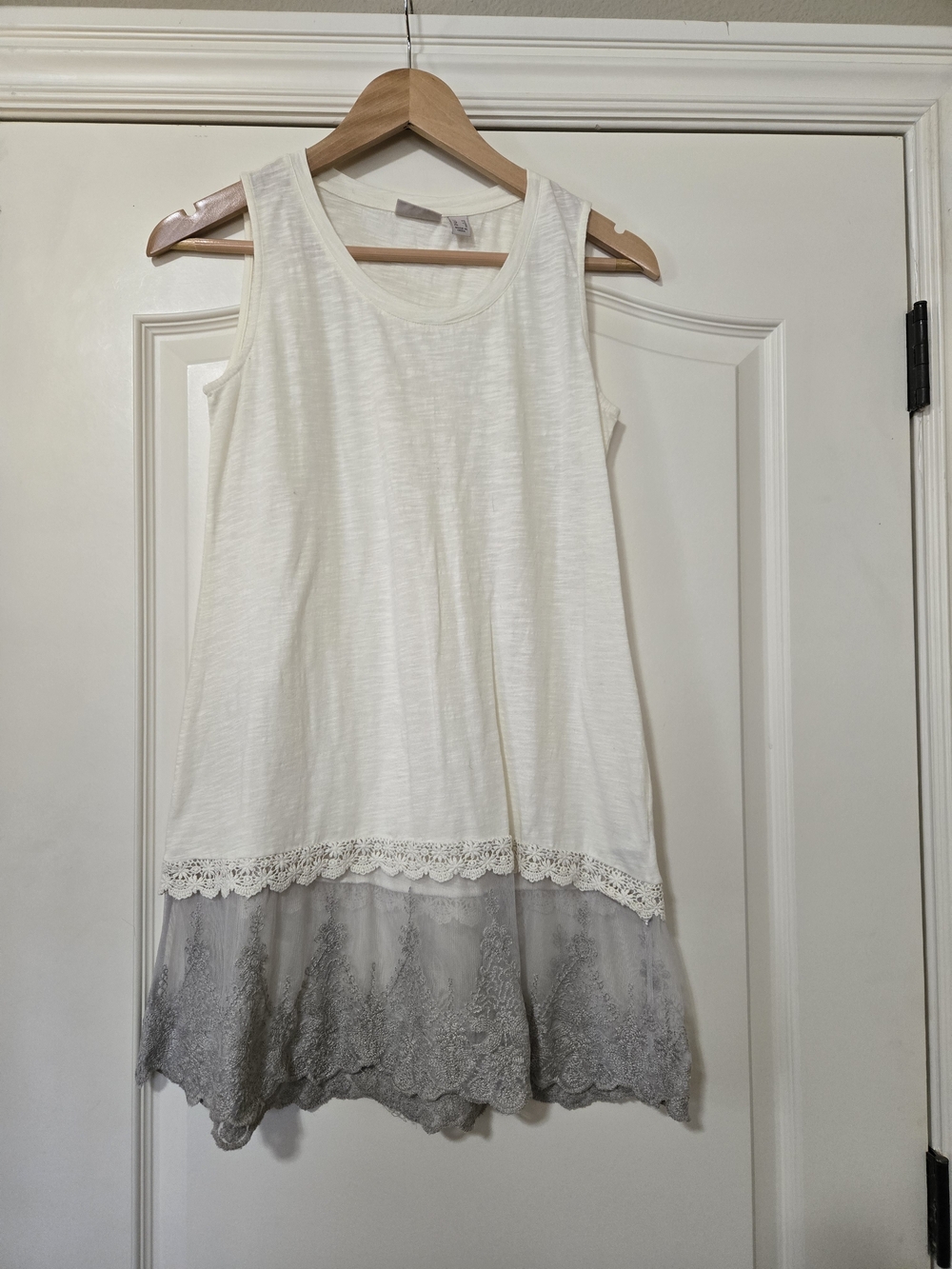 LOGO by Lori Goldstein Cream Tank with Gray Lace Trim